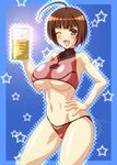  1girl :d adapted_uniform ahoge alcohol ayato bare_shoulders beer beer_mug bikini blush bob_cut breasts brown_eyes brown_hair hand_on_hip harada_makoto large_breasts looking_at_viewer midriff navel open_mouth skin_tight smile solo standing swimsuit uchuu_senkan_yamato uchuu_senkan_yamato_2199 underboob uniform wink 