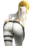  ass blonde_hair blue_eyes christa_renz kyokucho open_mouth pants pantylines shingeki_no_kyojin shirt short_hair simple_background solo thigh_strap white_background white_shirt 