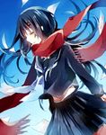  akoko_(1793) bad_id bad_pixiv_id black_hair closed_eyes hair_ornament hairclip kagerou_project long_hair paper red_scarf scarf school_uniform serafuku solo tateyama_ayano 