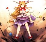  ;q belt bow bowtie chain gourd hair_bow hair_over_one_eye horns ibuki_suika long_hair looking_at_viewer one_eye_closed oni orange_hair red_bow red_neckwear ribbon serizawa_mutsuki solo standing tongue tongue_out touhou very_long_hair 