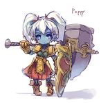  blue_eyes blue_skin boots character_name dress gauntlets league_of_legends leather leather_boots pointy_ears poppy shield shoulder_plates sketch solo twintails ukyo_rst warhammer weapon white_hair yordle 