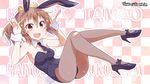  :d animal_ears bandaid bandaid_on_knee blush_stickers brown_eyes brown_hair bunny_ears bunny_pose bunny_tail bunnysuit detached_collar fang fishnet_pantyhose fishnets haiyore!_nyaruko-san high_heels kitahara_tomoe_(kitahara_koubou) kurei_tamao long_hair mole necktie open_mouth pantyhose ponytail shoes smile tail wrist_cuffs 