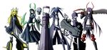  black_gold_saw black_rock_shooter boots chariot gun horns izuriha_kagari koutari_yuu kuroi_mato kuwachii shorts skull sword takanashi_yomi weapon 