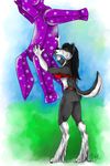  &lt;3 anthro black_hair black_nose bra butt canine claws female hair inflatable inflate looking_at_viewer mammal solo standing steel_(artist) underwear wolf yellow_eyes 