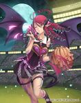  bat_wings blown_kiss bushiroad cardfight!!_vanguard cheer_girl_marilyn cheerleader contrapposto demon_girl drill_hair full_moon hair_ornament hairclip heart moon official_art one_eye_closed pointy_ears red_hair ringlets skirt solo_focus stadium standing succubus tail tattoo terumii thigh_strap wings 