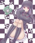  1girl black_dress black_hair dress elbow_gloves fishnet_legwear fishnets gamilas gloves gothic_lolita hayabusa_koi hime_cut jirel lolita_fashion looking_at_viewer mirenel_linke phone purple_eyes rotary_phone uchuu_senkan_yamato uchuu_senkan_yamato_2199 