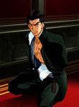  1boy angry bara beefcake capcom carpet crouching justice_gakuen kazama_daigo looking_at_viewer male male_focus masanori scar shiritsu_justice_gakuen solo solo_male squatting 