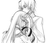 1girl c.c. code_geass couple creayus greyscale height_difference hetero holding_hands interlocked_fingers kiss lelouch_lamperouge long_hair monochrome sketch 