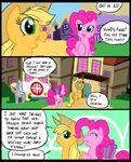  applejack_(mlp) blonde_hair blue_eyes building comic cowboy_hat cutie_mark derpy_hooves_(mlp) dialog english_text equine female feral freckles friendship_is_magic fur gift green_eyes group hair hat horse mammal metal_(artist) my_little_pony orange_fur outside pegasus pink_fur pink_hair pinkie_pie_(mlp) pony smile text window wings 