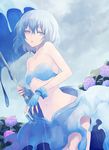  bad_id bad_pixiv_id banned_artist bare_shoulders bikini_top blue_eyes blue_hair fingerless_gloves flower gloves harano highres hydrangea midriff navel original rain short_hair skirt solo umbrella 