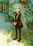  ama-tou bag bolo_tie bow brick buttons closed_umbrella commentary_request flower food fruit gate green_hair hair_bow hair_ribbon ivy long_hair long_sleeves mary_janes pantyhose plant potted_plant red_eyes ribbon shoes shoulder_bag sidelocks solo sophie_twilight standing strawberry strawberry_blossoms tonari_no_kyuuketsuki-san tress_ribbon umbrella 