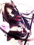  bad_id bad_pixiv_id black_hair black_serafuku brown_eyes holding katana long_hair midriff miniskirt navel neckerchief original petals recotasan school_uniform serafuku sheath skirt solo sword very_long_hair weapon 