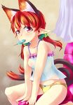  alternate_hairstyle animal_ears bad_id bad_pixiv_id blush breasts cat_ears cat_tail collarbone covered_nipples extra_ears fang food kaenbyou_rin konata_gazel long_hair looking_at_viewer mouth_hold panties pointy_ears popsicle red_eyes red_hair sitting small_breasts solo sweat tail touhou underwear underwear_only yellow_panties 