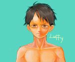  1boy black_hair blue_background brown_eyes character_name male male_focus monkey_d_luffy one_piece scar solo topless 
