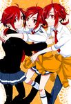  2girls bad_id bad_pixiv_id clothes_around_waist genderswap genderswap_(ftm) grin hair_ornament hairclip hino_akane_(smile_precure!) hug hug_from_behind multiple_girls multiple_persona nakaya_106 nanairogaoka_middle_school_uniform necktie orange_background pantyhose ponytail precure red_eyes red_hair school_uniform skirt sleeves_rolled_up smile smile_precure! sweater sweater_around_waist 