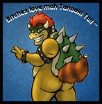  absurd_res anthro black_eyes blue_background bowser brown_fur butt chubby cirotin collar dragon english_text fur hair happy hi_res horn koopa lizard looking_down male mario_bros nintendo nude peace plain_background presenting presenting_hindquarters red_eyes red_hair reptile scalie sharp_teeth shell short_hair smile solo spikes standing tanooki tanuki teeth text turtle unknown_artist v_sign video_games white_eyes wristband yellow_skin 