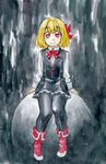  alternate_costume black_legwear blonde_hair boots dress hair_ribbon kawachi_koorogi pantyhose red_eyes ribbon rumia short_hair sitting smile solo touhou traditional_media watercolor_(medium) 