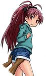  angry ass ass_grab clenched_teeth dark_skin denim denim_shorts grabbing_another's_ass groping hair_ribbon hand_under_clothes highres hood hoodie long_hair mahou_shoujo_madoka_magica mitamura-kun_(landcell) molestation ponytail red_eyes red_hair ribbon sakura_kyouko shorts solo_focus teeth very_long_hair 