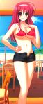  1girl bare_shoulders bikini_top blush breasts chair cleavage cloud clouds collar female hairband hand_on_hip happy highres large_breasts legs long_hair looking_at_viewer midriff navel parasol red_eyes red_hair short_shorts shorts sky smile solo standing summer table thighs tomose_shunsaku umbrella unzipped 