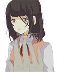  bangs black_hair blunt_bangs bow brown_eyes ears fingers hands messy_hair misao misao_(misao) open_mouth reaching school_uniform shinkaisakana simple_background solo tears translation_request white_background 