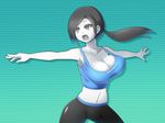  bike_shorts black_eyes black_hair bouncing_breasts breasts cleavage clothes_writing cube464649 large_breasts open_mouth outstretched_arms ponytail simple_background solo strap_gap tank_top white_skin wii_fit wii_fit_trainer 