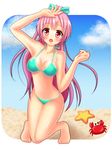  beach bikini breasts cleavage crab day highres kojiro_d long_hair medium_breasts navel original pink_hair red_eyes shiny shiny_skin solo swimsuit 