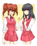  aki_(misao) bangs black_hair blunt_bangs blush bow breasts brown_eyes brown_hair buttons collared_shirt hair_bow hair_ornament hands_on_own_chest high_five light_smile medium_breasts mi_(liki1020) misao misao_(misao) multiple_girls open_mouth pink_bow pink_skirt red_ribbon ribbon school_uniform shirt sidelocks skirt smile socks twintails yellow_eyes 