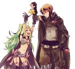  1girl :d ahoge armpits arms_up bad_id bad_pixiv_id baggy_pants belt bikini_top blush bow candy cape circlet cloak detached_sleeves fingerless_gloves fire_emblem fire_emblem:_kakusei food gaia_(fire_emblem) garter_straps gloves green_hair hand_on_hip headband heart height_difference holding holding_up ishiwari leaning leaning_forward lollipop long_hair looking_down looking_up mamkute midriff multiple_belts navel nono_(fire_emblem) open_mouth orange_eyes orange_hair outstretched_arms pants pink_legwear purple_eyes reaching short_shorts shorts simple_background sleeveless smile star star-shaped_pupils swirl_lollipop symbol-shaped_pupils teeth thighhighs very_long_hair white_background zettai_ryouiki 