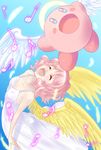  :o angel_wings blue_background broken closed_eyes copy_ability crossover dress halo happy harpy_(puyopuyo) hououji_arashi kirby kirby_(series) madou_monogatari music musical_note open_mouth pink_hair puyopuyo short_hair singing white_dress wings 