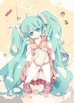  bad_id bad_pixiv_id bondson green_eyes green_hair hatsune_miku head_tilt kneehighs long_hair lots_of_laugh_(vocaloid) scrunchie skirt solo squatting twintails very_long_hair vocaloid 