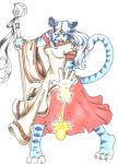  angry attack blue_fur claws clothing ear_piercing felid female fur hair magic mammal pantherine piercing robe simple_background staff standing sue-chan_(artist) tiger traditional_media_(artwork) white_background white_hair 