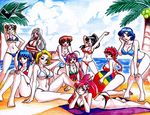  6+girls aa_megami-sama akashiya_moka android_18 ball beach beachball bikini bishoujo_senshi_sailor_moon black_hair blonde_hair blue_eyes blue_hair breasts brown_hair capcom chun-li cleavage crossover dark_skin dragon_ball dragonball dragonball_z green_eyes inuyasha jadenkaiba large_breasts long_hair magic_knight_rayearth masaki_aeka_jurai mizuno_ami multiple_girls ocean palm_tree pink_hair ponytail ranma_1/2 red_eyes red_hair rosario+vampire sailor_mercury sango shidou_haruka shidou_hikaru short_hair smile street_fighter swimsuit tenchi_muyou! tendou_nabiki tengen_toppa_gurren_lagann tree urd yellow_eyes yoko_littner 