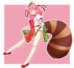  bandages bare_legs bun_cover cosplay cuffs double_bun flower futatsuiwa_mamizou ganmaganmo glasses highres ibaraki_kasen ibaraki_kasen_(cosplay) leaf leaf_on_head pink_hair puffy_sleeves raccoon_tail red_eyes rose shackles short_sleeves skirt_hold slippers slit_pupils smile solo tabard tail touhou 