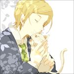  animal bangs blonde_hair cat closed_eyes fingers formal fur green_neckwear hands hideki_sohta holding hug light_smile male_focus misao necktie parted_bangs shinkaisakana simple_background size_difference solo suit tears tree_branch upper_body white_background 