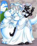  barefoot black_fur breasts canid canine canis castle cleavage clothed clothing dress female fur hair looking_at_viewer mammal morbidly_obese obese one_eye_closed overweight overweight_female parasol sue-chan_(artist) traditional_media_(artwork) tree v_sign white_fur white_hair wink wolf 