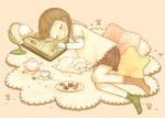  asymmetrical_legwear book braid brown_hair checkerboard_cookie cookie cup food gingerbread_man lamb lamp original pillow rug sheep short_hair shorts simple_background sleeping socks spoon star tea teacup teapot teaspoon tokoyu twin_braids younger 