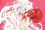  aoi_nagisa hanazono_shizuma nude petals red_hair sakai_kyuuta strawberry_panic white_hair yuri 