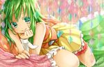  bare_shoulders green_eyes green_hair gumi hand_on_own_cheek momomochi pillow smile vocaloid 