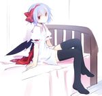  bat_wings bed black_legwear blue_hair bottomless dress kazeharu no_pants red_eyes remilia_scarlet short_hair sitting solo thighhighs touhou wings 