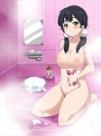  1girl areolae bath bathroom black_hair blue_eyes blush breasts censored cleavage collarbone female happy highres hips kitashirakawa_tamako kneeling knees large_breasts legs long_hair looking_at_viewer mirror nipples nude ourakutei pussy smile solo sponge steam tamako_market thighs twintails wide_hips 