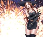  1girl black_dress boots breasts brown_hair crimson_comics dress elbow_gloves gloves hat jewelry long_hair necklace thigh_boots thighhighs wavy_hair witch_sonia 