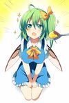  aqua_eyes blue_skirt blush bow breasts daiyousei drooling fairy_wings food fujishiro_emyu green_hair hair_bow heart heart-shaped_pupils large_breasts open_mouth pudding short_sleeves side_ponytail sitting skirt solo sparkle spoon symbol-shaped_pupils touhou v_arms wings 
