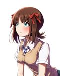  absurdres amami_haruka blush breasts brown_hair cardigan_vest green_eyes hair_ribbon highres idolmaster idolmaster_(classic) medium_breasts necktie open_mouth rariemonn ribbon short_hair solo sweater_vest tears 