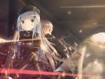  2girls absurdres assault_rifle battle beret coffeiz_p commentary facial_mark girls_frontline green_eyes gun h&amp;k_ump45 hat heckler_&amp;_koch highres hk416 hk416_(girls_frontline) holding holding_gun holding_weapon hood hooded_jacket huge_filesize jacket long_hair multiple_girls rifle ump45_(girls_frontline) weapon white_hair 