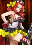 bare_shoulders breasts cleavage frilled_skirt frills green_eyes gun hand_on_hip haruyama_kazunori hat kouryuuji_mii long_hair looking_at_viewer medium_breasts project_x_zone red_hair skirt smile solo thighhighs weapon 