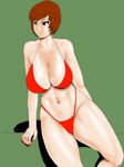  1girl 774ex bikini breasts large_breasts meiko red_bikini red_eyes red_hair red_swimsuit short_hair simple_background sitting smile solo swimsuit vocaloid 