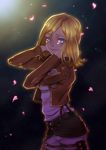  backlighting blonde_hair blue_eyes christa_renz emblem jacket moonlight ninoude paradis_military_uniform petals shingeki_no_kyojin short_hair sky smile solo star_(sky) starry_sky three-dimensional_maneuver_gear training_corps_(emblem) 