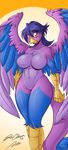  2013 amber_eyes avian beak big_breasts bird blue_feathers blue_fur blue_hair blush breasts female hair long_hair looking_at_viewer mastergodai navel nude purple_feathers purple_fur solo standing thick_thighs thighs wide_hips yellow_skin 