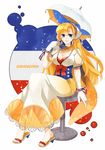  blonde_hair blue_eyes breasts cleavage coconashi dress earrings french_flag gloves highres jewelry long_hair medium_breasts mole orangina ribbon sandals scarf smile solo stool umbrella 