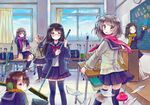  ai_ai_gasa black_hair broom brown_hair classroom closed_eyes desk earmuffs glasses grin hanekoto heart looking_at_viewer looking_back multiple_girls original scarf school_desk school_uniform serafuku skirt smile thighhighs valentine 